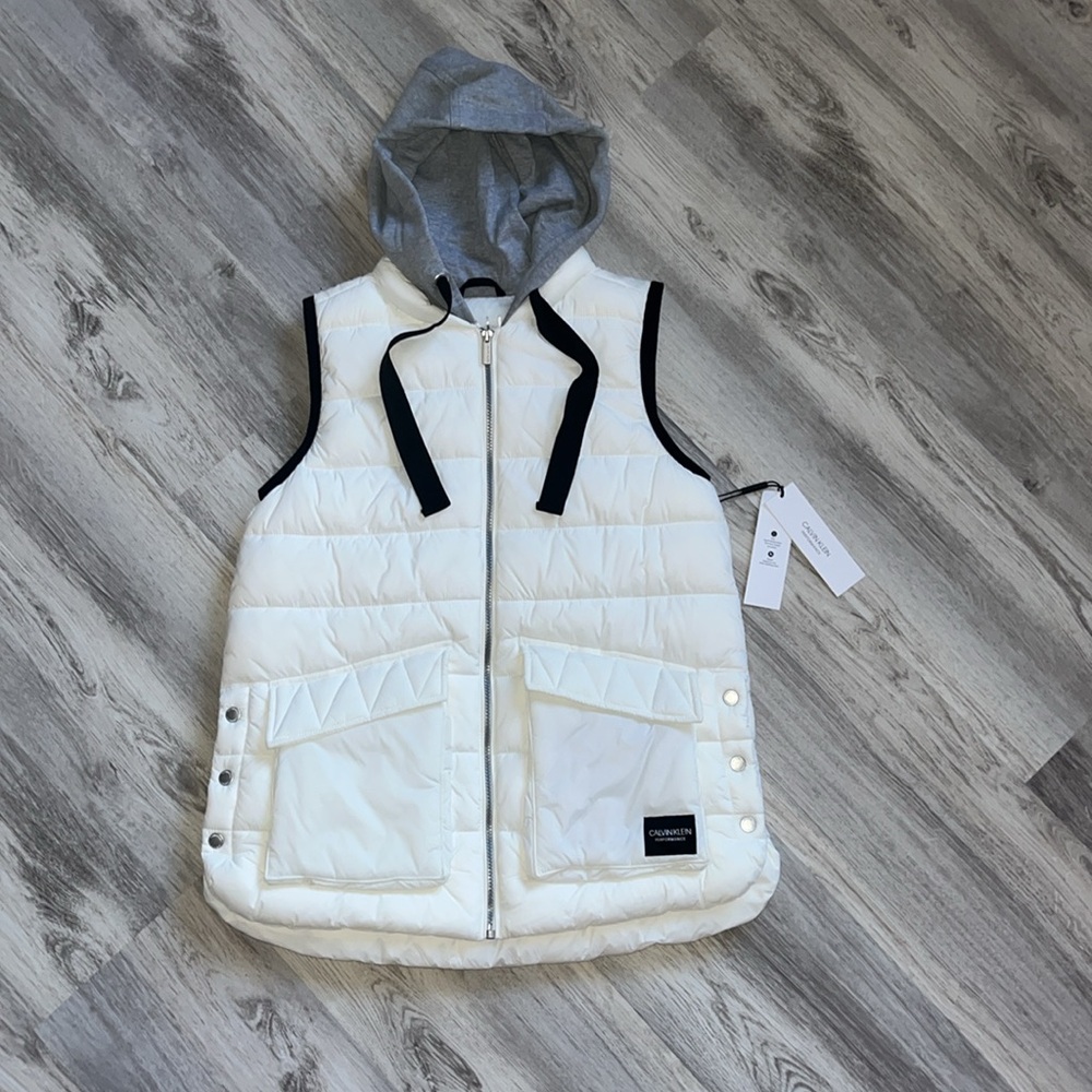 Calvin Klein Performance Hooded Puffer Vest White Coat Full Zip Up Medium M NWT